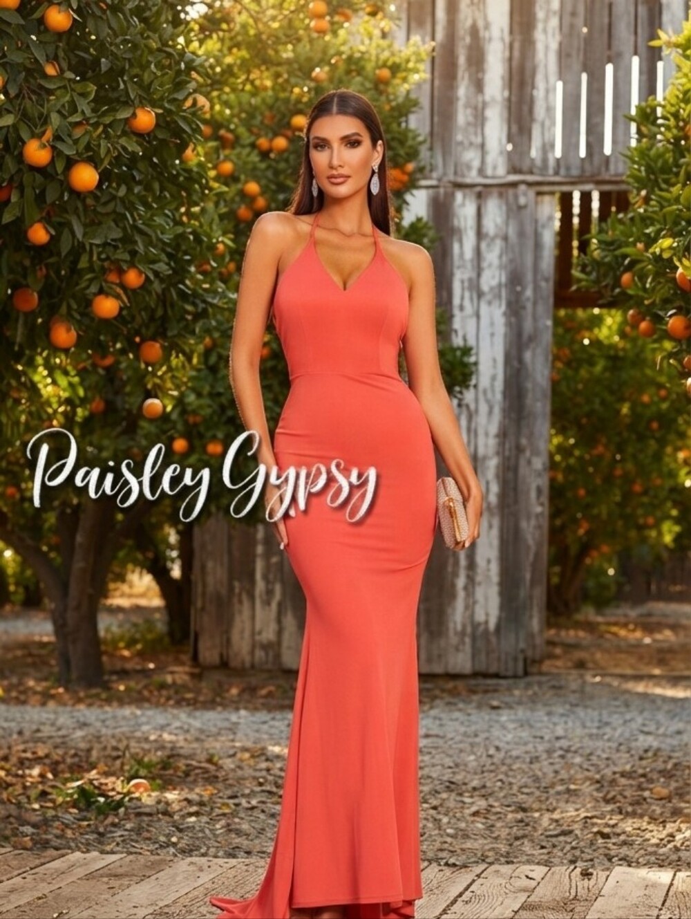 Stunning Double Deep V Fit and Flare Halter Evening Gown in Deep Coral O…